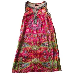 Avani Del Amour Sleeveless Shift Dress M Pink Bright Boho Print Notched Neck